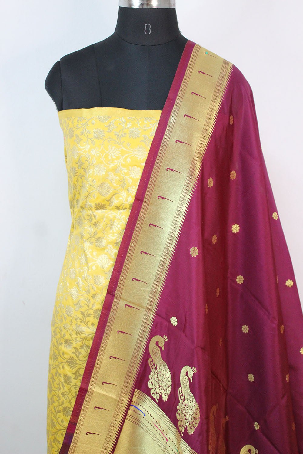 Yellow Banarasi Silk Suit With Maroon Paithani Silk Dupatta - Luxurion World