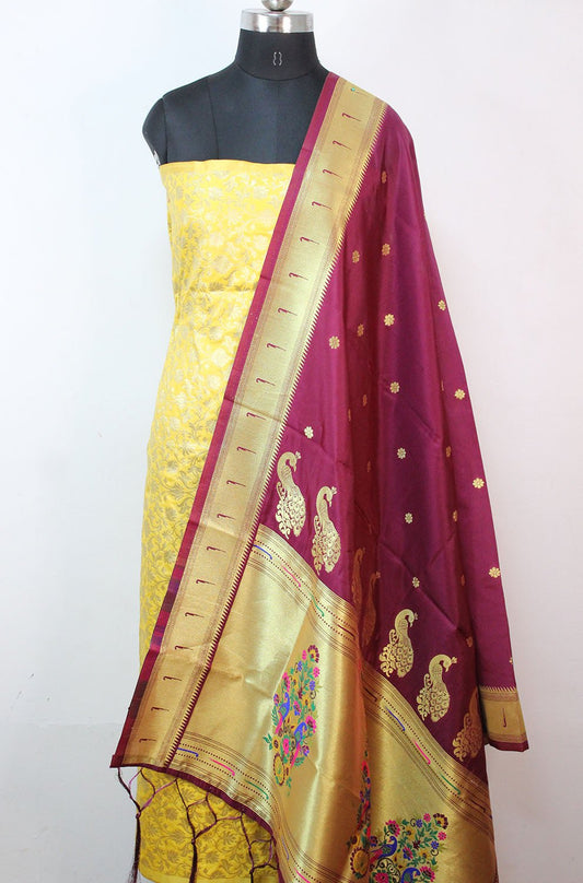 Yellow Banarasi Silk Suit With Maroon Paithani Silk Dupatta