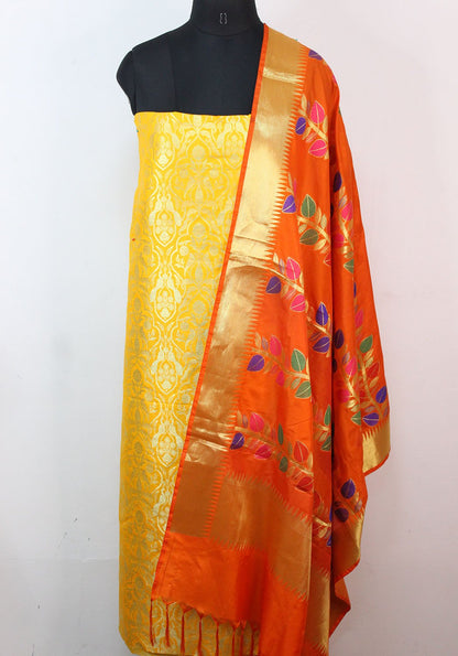 Yellow Banarasi Silk Suit With Orange Banarasi Silk Meenakari Dupatta - Luxurion World