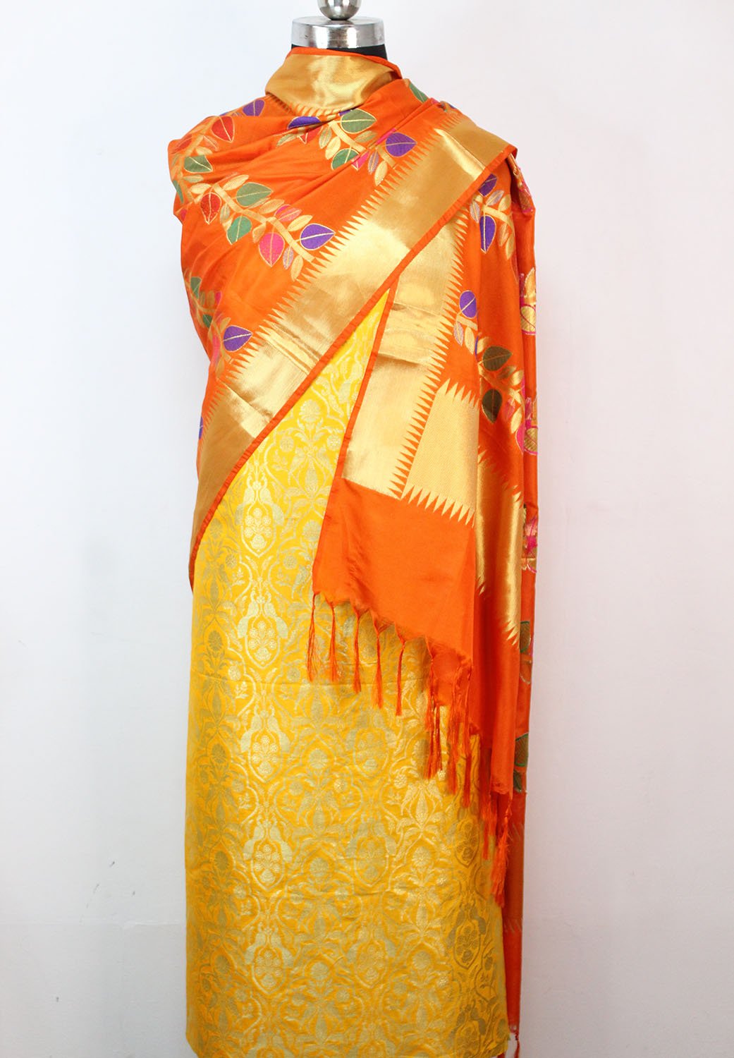 Yellow Banarasi Silk Suit With Orange Banarasi Silk Meenakari Dupatta