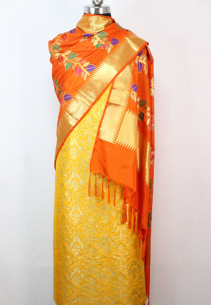 Yellow Banarasi Silk Suit With Orange Banarasi Silk Meenakari Dupatta