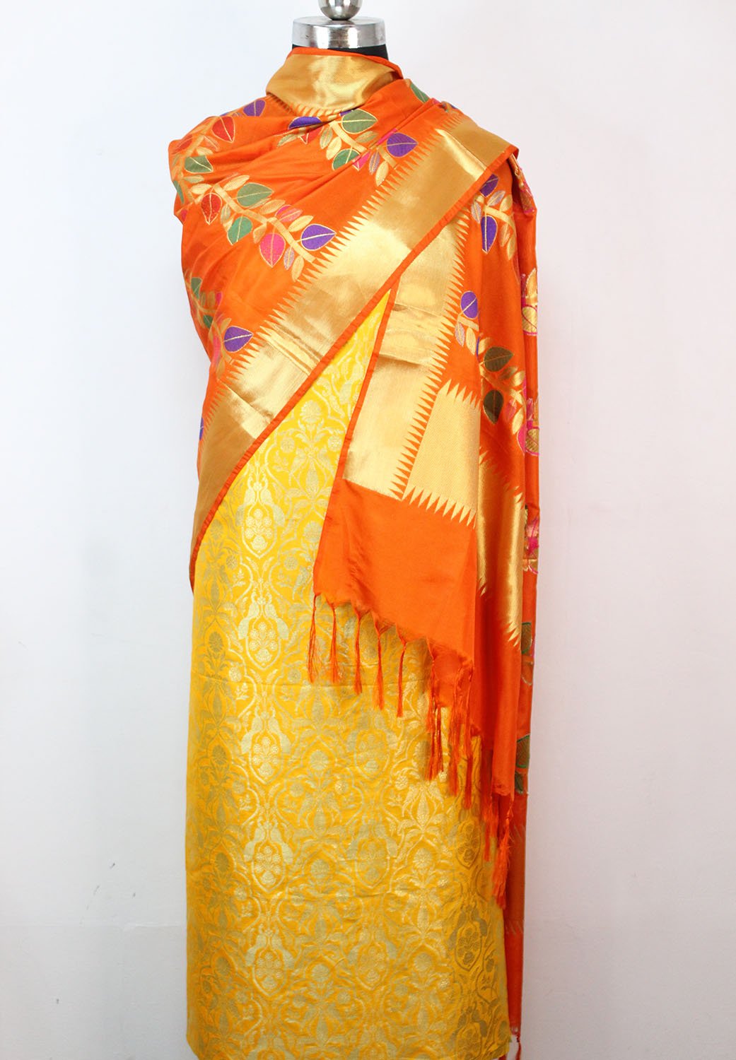 Yellow Banarasi Silk Suit With Orange Banarasi Silk Meenakari Dupatta - Luxurion World