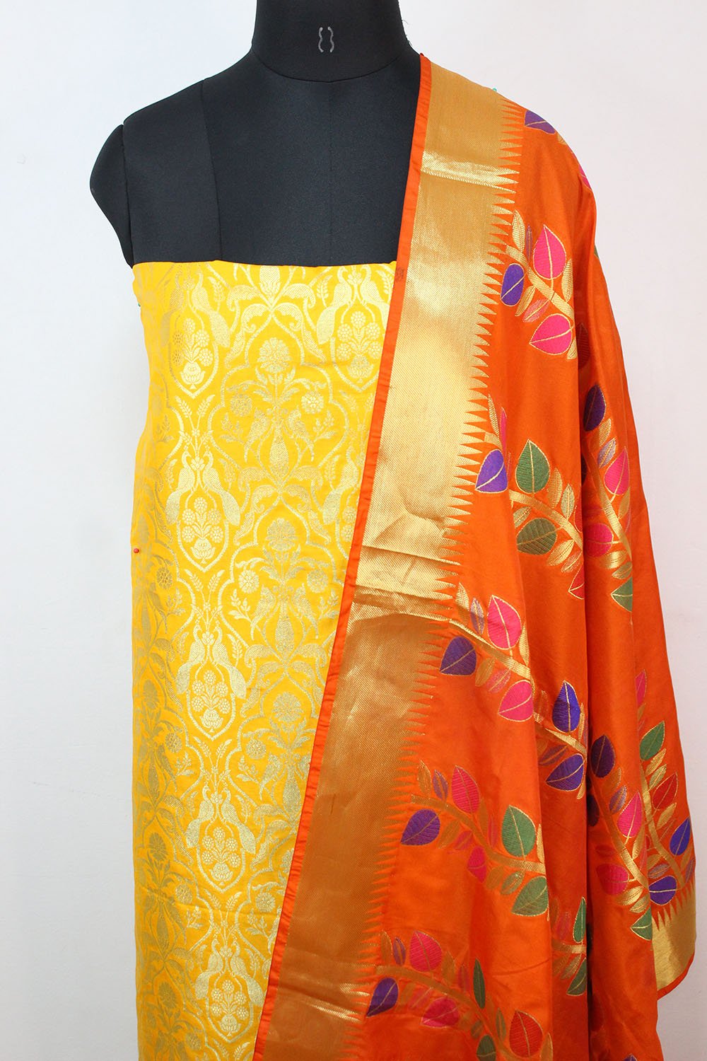Yellow Banarasi Silk Suit With Orange Banarasi Silk Meenakari Dupatta - Luxurion World