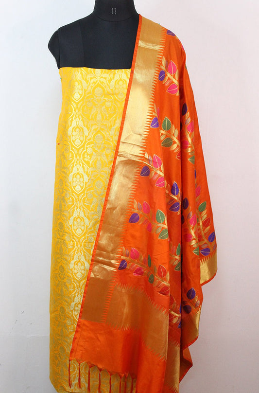 Yellow Banarasi Silk Suit With Orange Banarasi Silk Meenakari Dupatta - Luxurion World