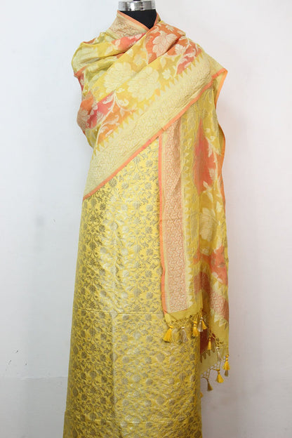 Yellow Banarasi Silk Suit With Yellow Handloom Banarasi Pure Georgette Brush Dyed Dupatta - Luxurion World