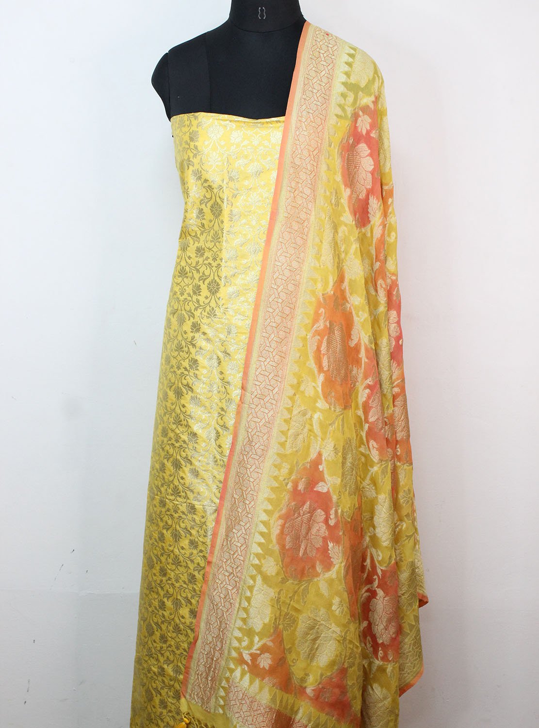 Yellow Banarasi Silk Suit With Yellow Handloom Banarasi Pure Georgette Brush Dyed Dupatta - Luxurion World