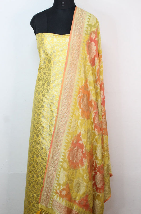 Yellow Banarasi Silk Suit With Yellow Handloom Banarasi Pure Georgette Brush Dyed Dupatta - Luxurion World