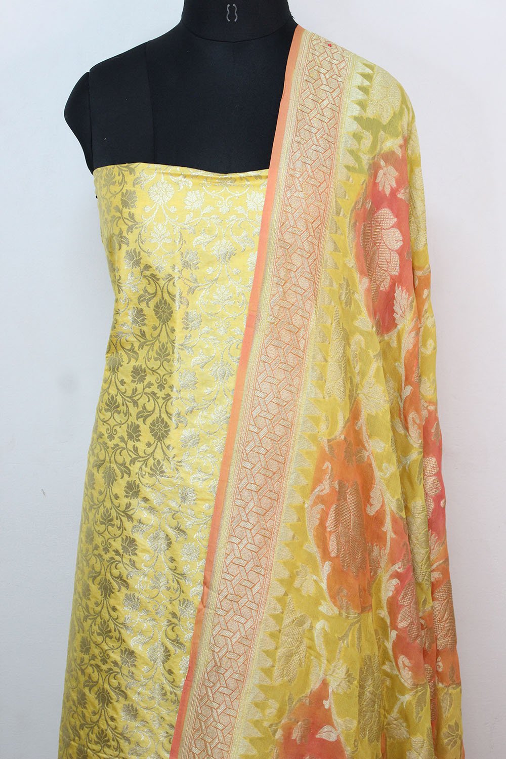 Yellow Banarasi Silk Suit With Yellow Handloom Banarasi Pure Georgette Brush Dyed Dupatta - Luxurion World
