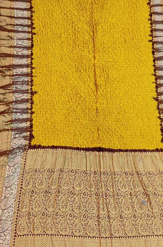 Yellow Bandhani Pure Silk Kanjeevaram Border Saree - Luxurion World
