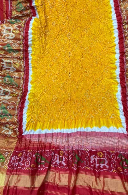 Yellow Bandhani Single Ikat Patola Pure Silk Dupatta - Luxurion World