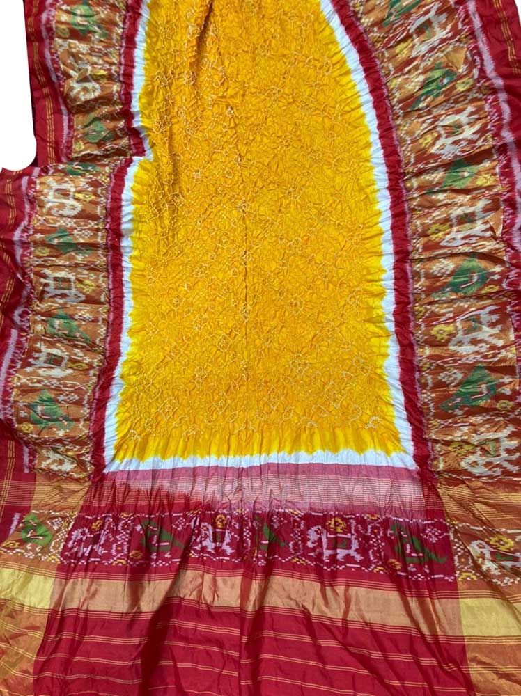 Yellow Bandhani Single Ikat Patola Pure Silk Dupatta - Luxurion World