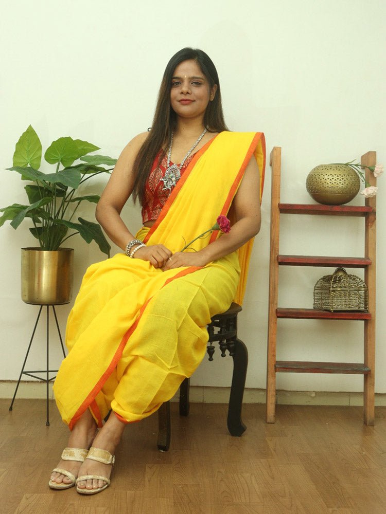 Yellow Bengal Plain Cotton Saree - Elegant and Timeless - Luxurion World