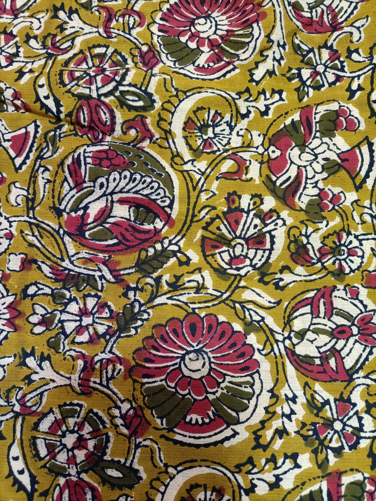 Yellow Block Printed Kalamkari Cotton Fabric (1 mtr) - Luxurion World