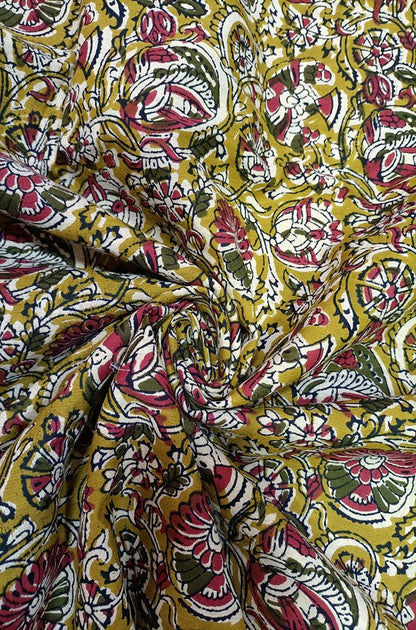 Yellow Block Printed Kalamkari Cotton Fabric (1 mtr)