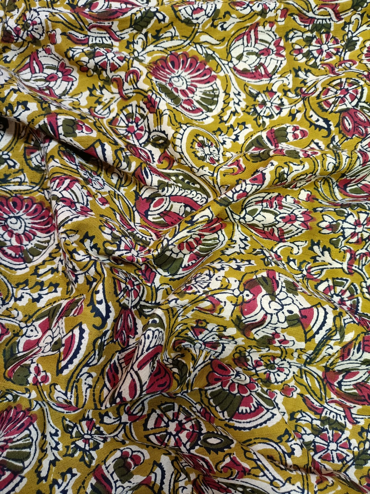 Yellow Block Printed Kalamkari Cotton Fabric (1 mtr) - Luxurion World