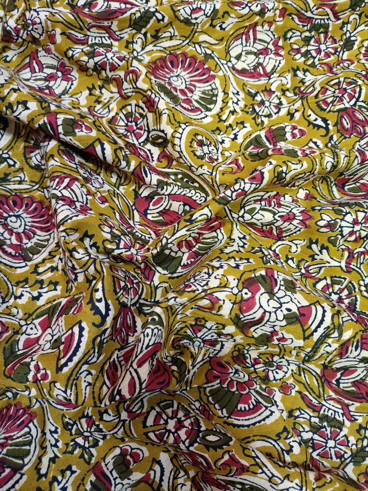 Yellow Block Printed Kalamkari Cotton Fabric (1 mtr) - Luxurion World