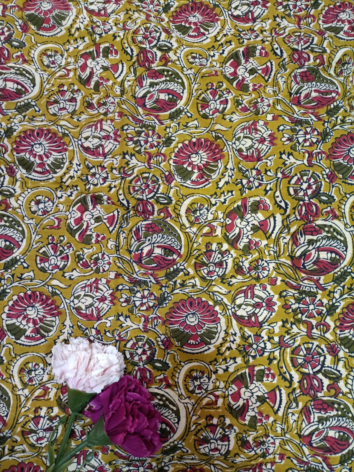Yellow Block Printed Kalamkari Cotton Fabric (1 mtr) - Luxurion World