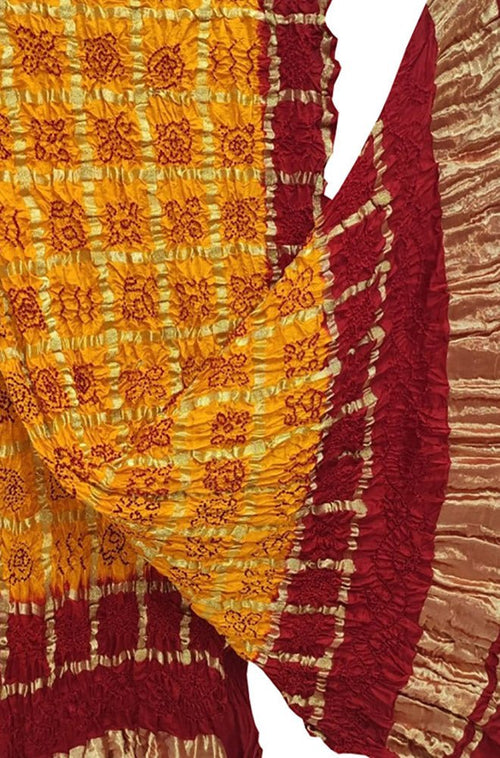 Yellow Checks Bandhani Pure Gajji Silk Tissue Border Dupatta - Luxurion World