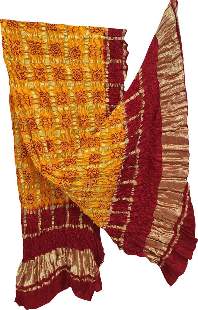 Yellow Checks Bandhani Pure Gajji Silk Tissue Border Dupatta - Luxurion World
