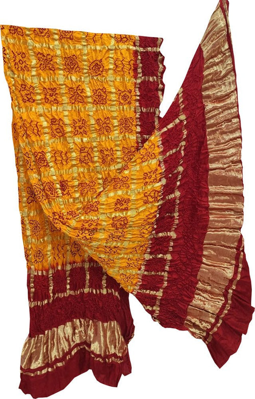 Yellow Checks Bandhani Pure Gajji Silk Tissue Border Dupatta - Luxurion World