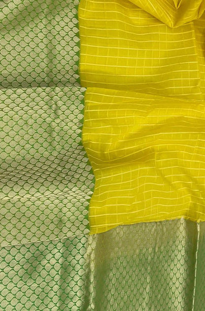 Yellow Checks Handloom Banarasi Pure Kora Silk Saree Luxurionworld