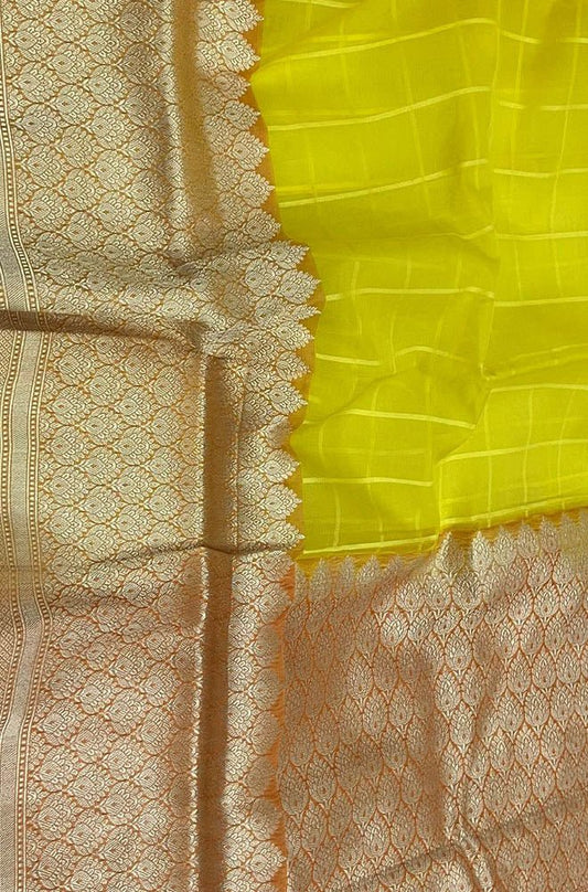 Yellow Checks Handloom Banarasi Pure Kora Silk Saree