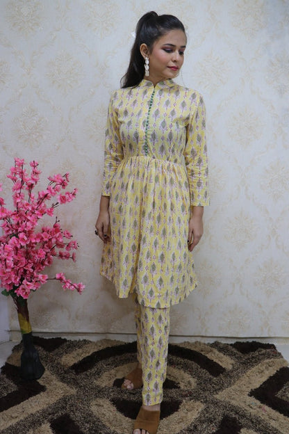 Yellow Cotton Block Printed Pleated Top With Straight Pant