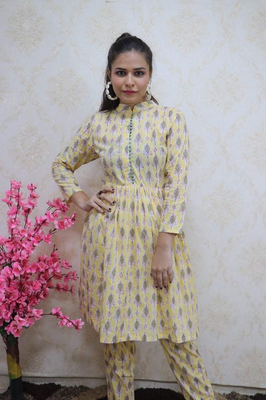 Yellow Cotton Block Printed Pleated Top With Straight Pant - Luxurion World