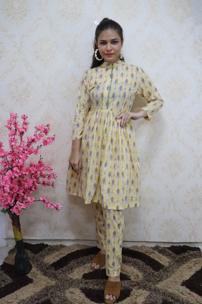 Yellow Cotton Block Printed Pleated Top With Straight Pant - Luxurion World