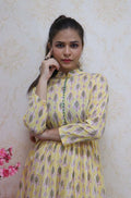 Yellow Cotton Block Printed Pleated Top With Straight Pant - Luxurion World
