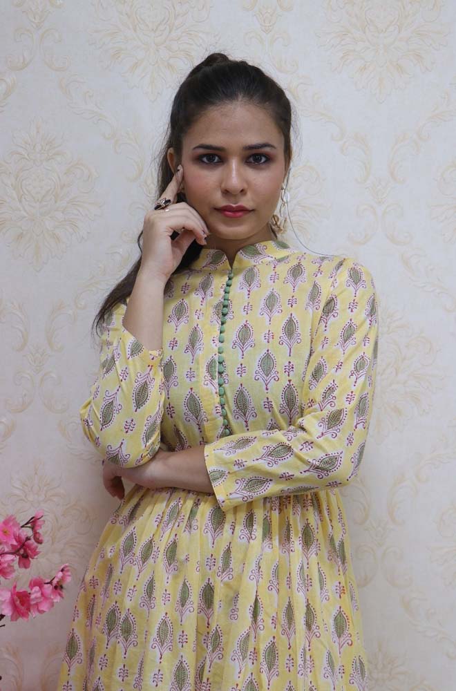 Yellow Cotton Block Printed Pleated Top With Straight Pant - Luxurion World