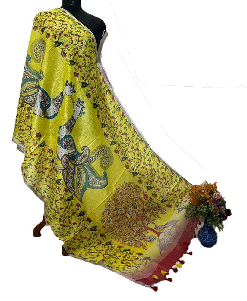 Yellow Digital Printed Linen Dupatta - Luxurion World