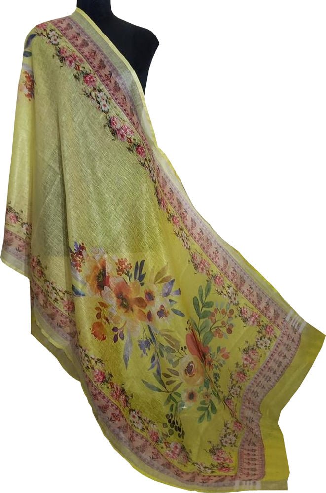 Yellow Digital Printed Linen Floral Design Dupatta - Luxurion World