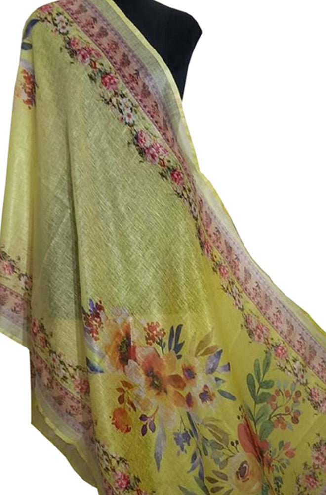 Yellow Digital Printed Linen Floral Design Dupatta - Luxurion World
