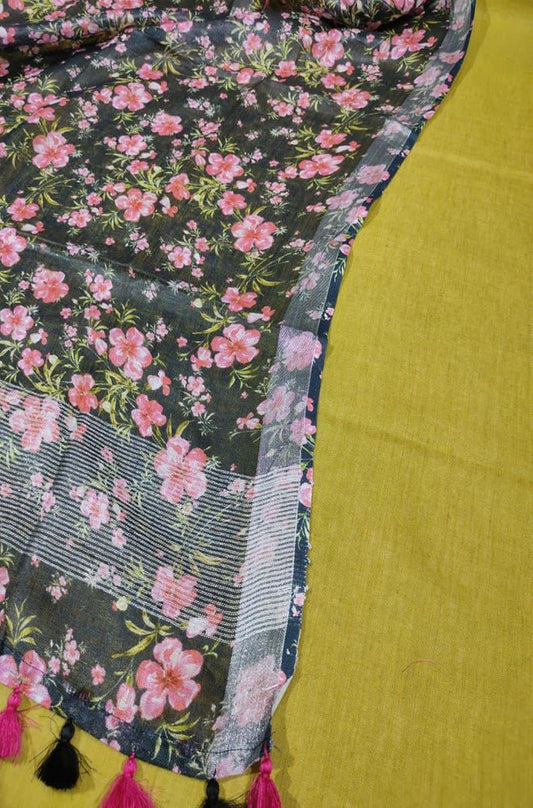 Yellow Digital Printed Linen Two Piece Unstitched Suit Set - Luxurion World