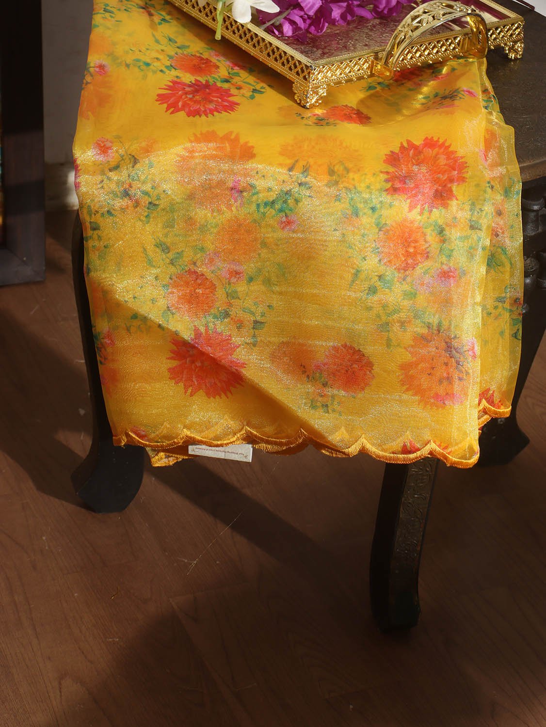 Yellow Digital Printed Tissue Organza Silk Dupatta With Scalloped Border - Luxurion World