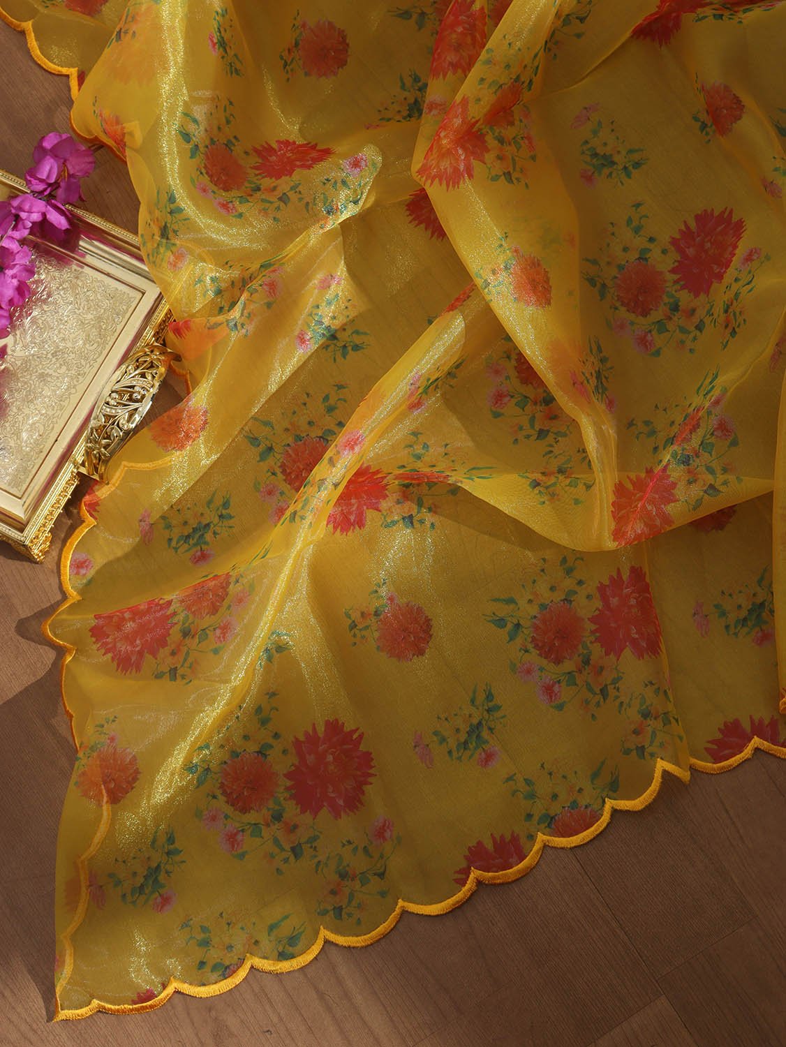 Yellow Digital Printed Tissue Organza Silk Dupatta With Scalloped Border - Luxurion World