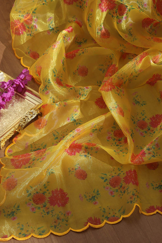Yellow Digital Printed Tissue Organza Silk Dupatta With Scalloped Border - Luxurion World
