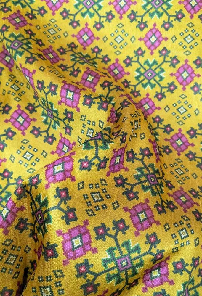 Yellow Digital Printed Tussar Silk Patola Design Fabric ( 1 Mtr ) - Luxurion World