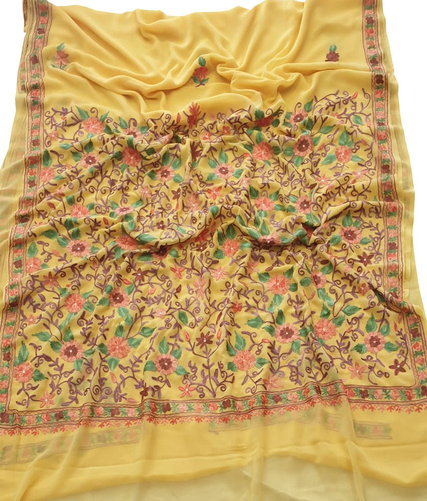 Yellow Embroidered Kashmiri Aari Work Georgette Saree Luxurionworld
