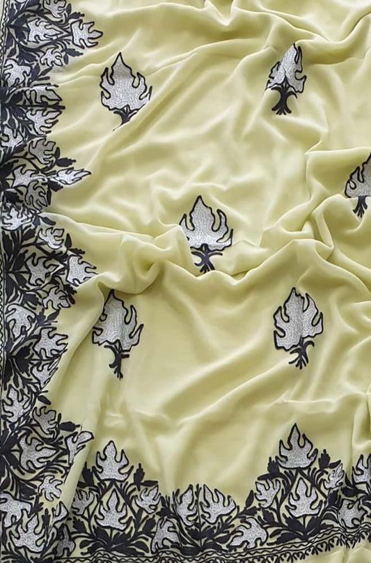 Yellow Embroidered Kashmiri Aari Work Georgette Saree - Luxurion World