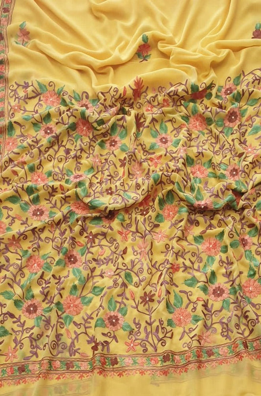 Yellow Embroidered Kashmiri Aari Work Georgette Saree - Luxurion World
