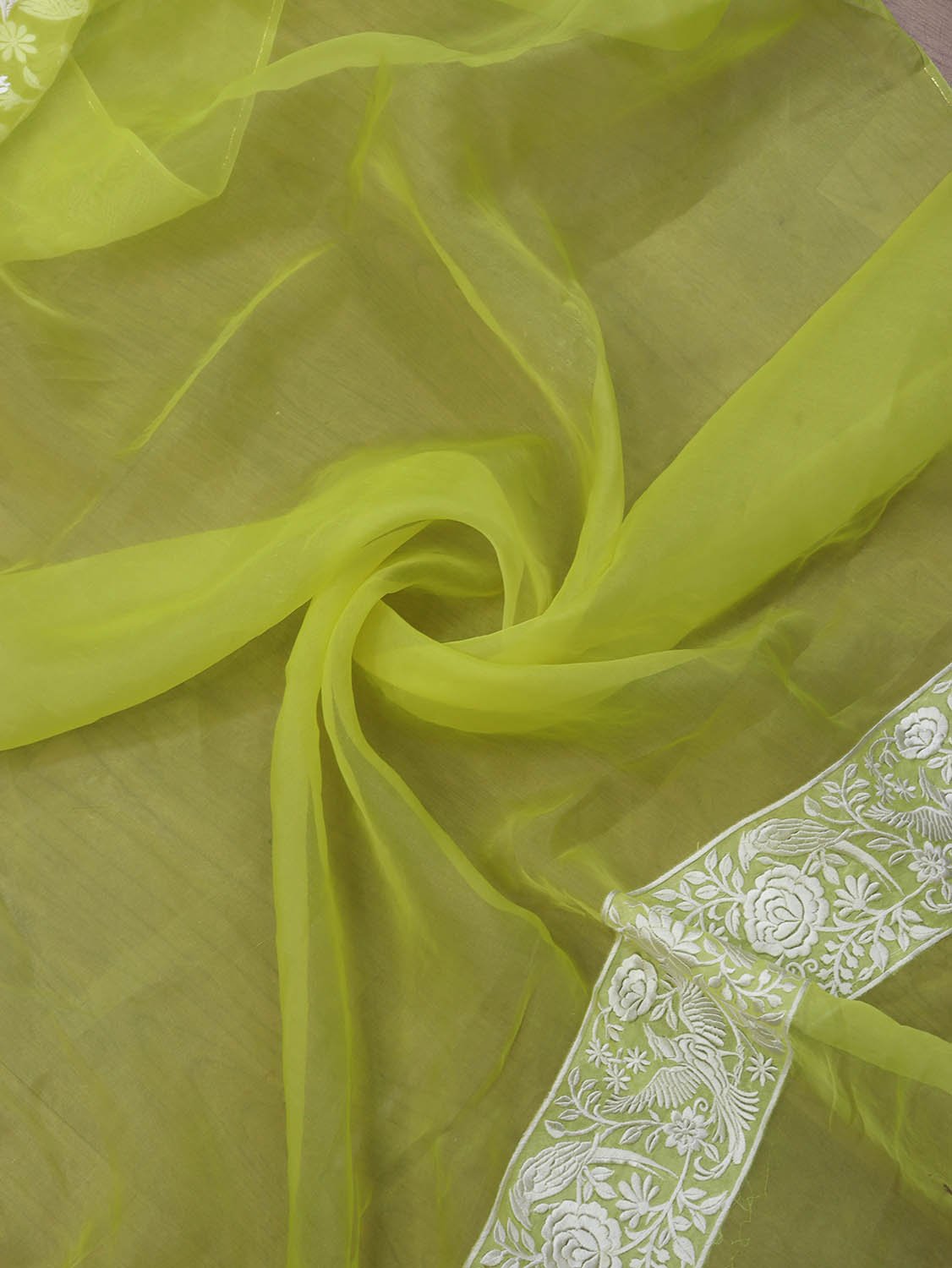 Yellow Embroidered Parsi Gara Organza Bird And Floral Design Saree - Luxurion World