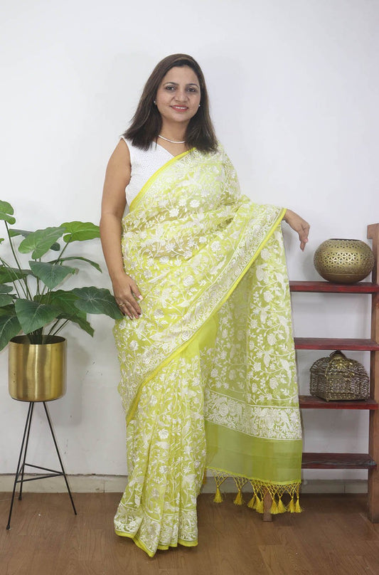 Yellow Embroidered Parsi Gara Organza Bird And Floral Design Saree - Luxurion World