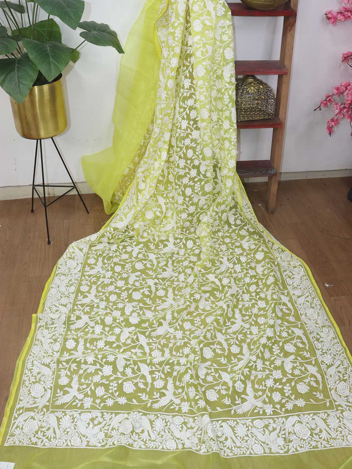 Yellow Embroidered Parsi Gara Organza Bird And Floral Design Saree - Luxurion World