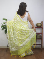 Yellow Embroidered Parsi Gara Organza Bird And Floral Design Saree - Luxurion World