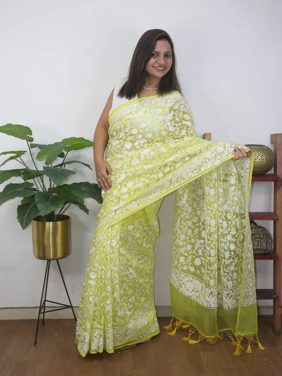 Yellow Embroidered Parsi Gara Organza Bird And Floral Design Saree - Luxurion World