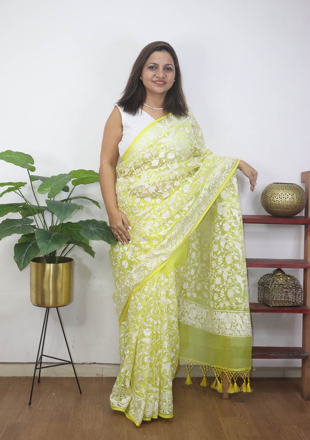 Yellow Embroidered Parsi Gara Organza Bird And Floral Design Saree - Luxurion World