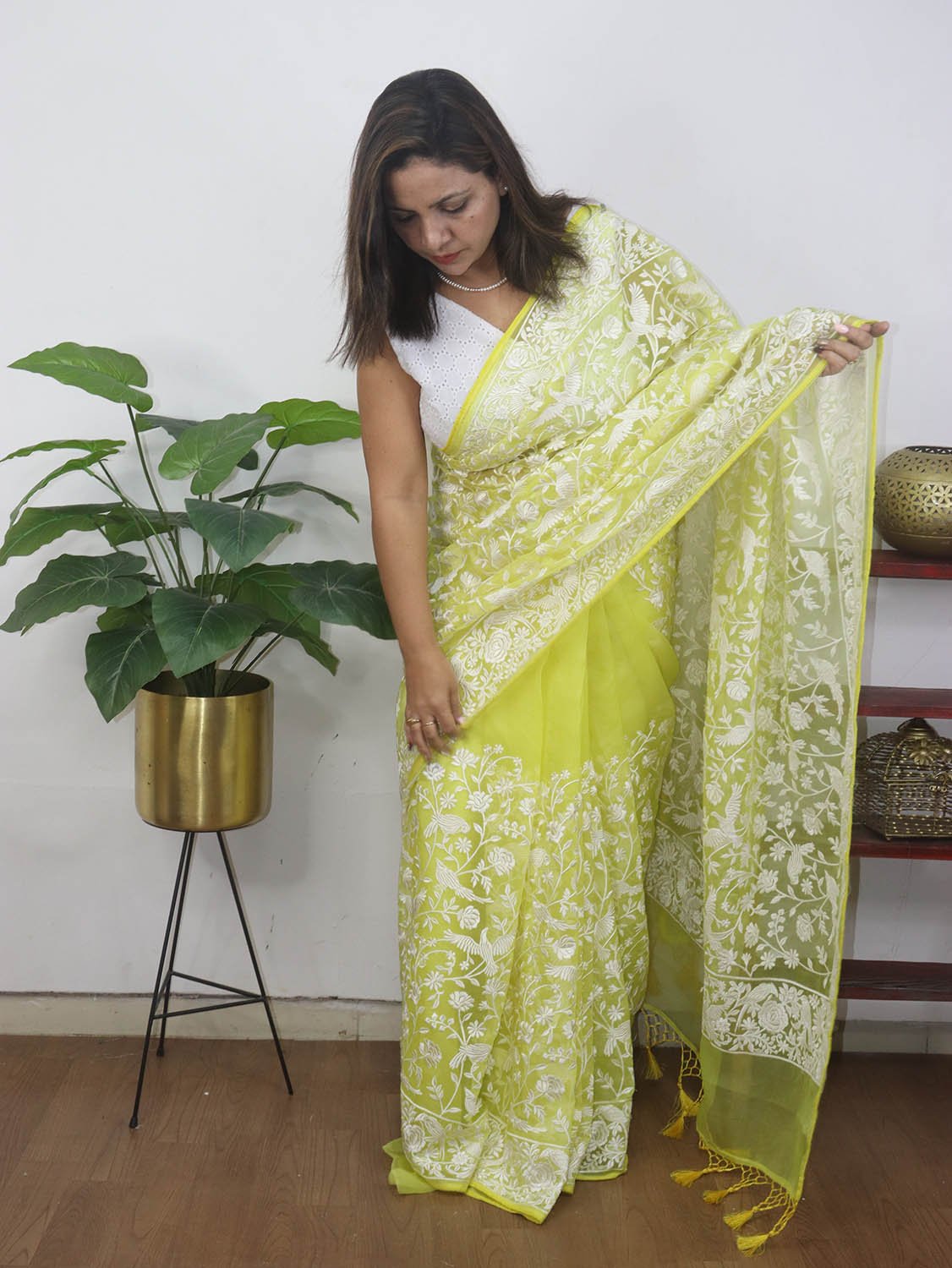 Yellow Embroidered Parsi Gara Organza Bird And Floral Design Saree - Luxurion World