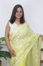 Yellow Embroidered Parsi Gara Organza Bird And Floral Design Saree - Luxurion World